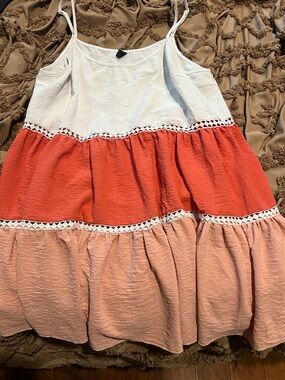 SHEIN White, Coral & Blush Tiered Colorblock Sundress